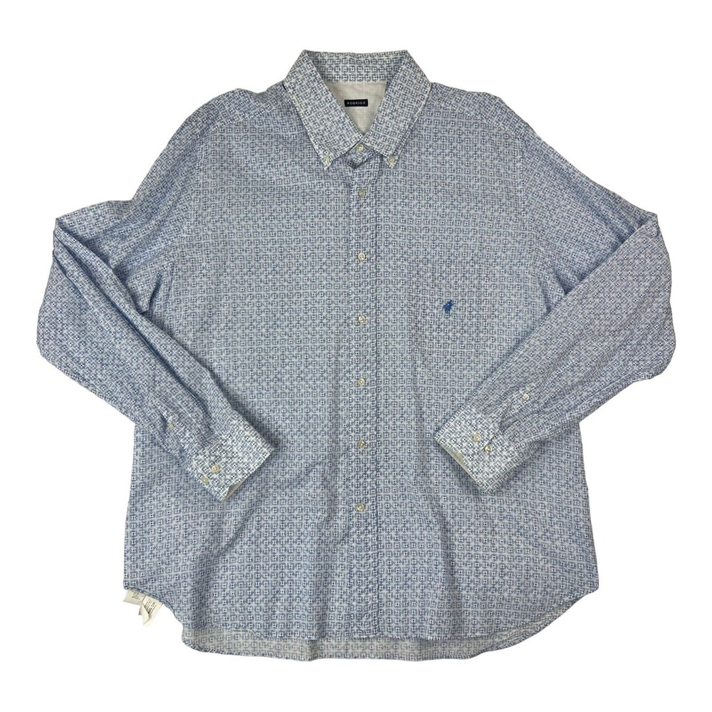 Rodrigo White w/ Blue Print‎ Allover L/S Cotton Button Down Mens Size 3XL XXXL